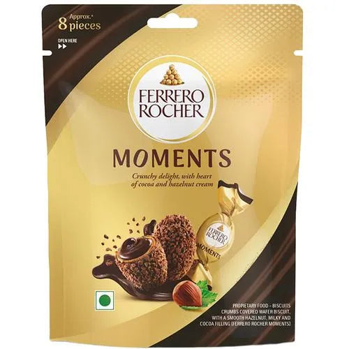 Front of Ferrero Rocher Moments bag showing the logo, image of crunchy chocolate delights, and a pack size of 46.4g (approx. 8 pieces)