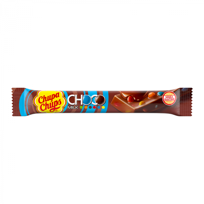 Front of Chupa Chups Milk Choco Bar wrapper featuring logo, milk chocolate design, and 20g pack size