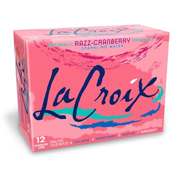 Front of La Croix Razz-Cranberry 12-pack showing vibrant pink packaging, Razz-Cranberry flavour label, and 355ml sparkling water cans.