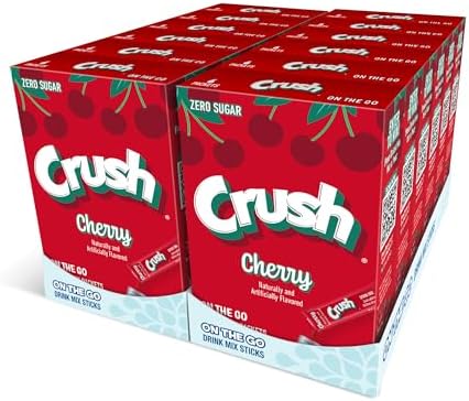 Front of Crush Cherry Singles To Go box displaying the brand logo, cherry flavour label, and packaging details (216g, 12 pack)