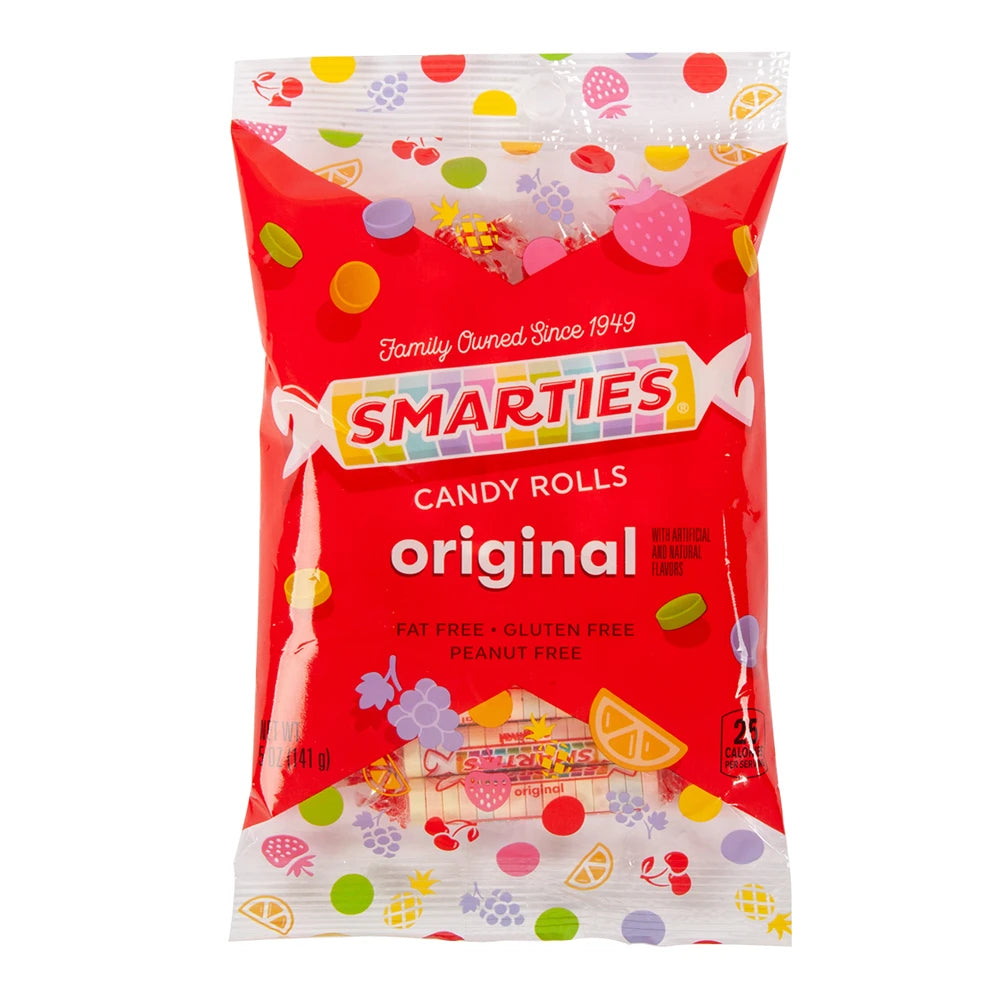 Front of Smarties Original candy rolls bag showing red packaging with logo and candy images, 141g pack