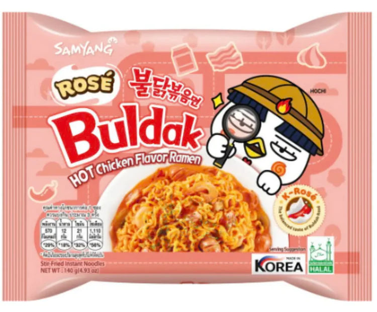 Front of Samyang Buldak Hot Chicken Rose Carbonara Ramen Noodles showing the playful character, product name, and 130g pack size.