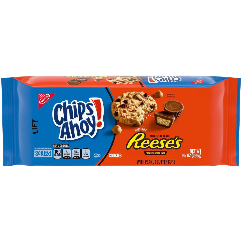 Front of Chips Ahoy! Reese's Peanut Butter Cup Cookies package showing the logo, cookie images, and pack size (269g)