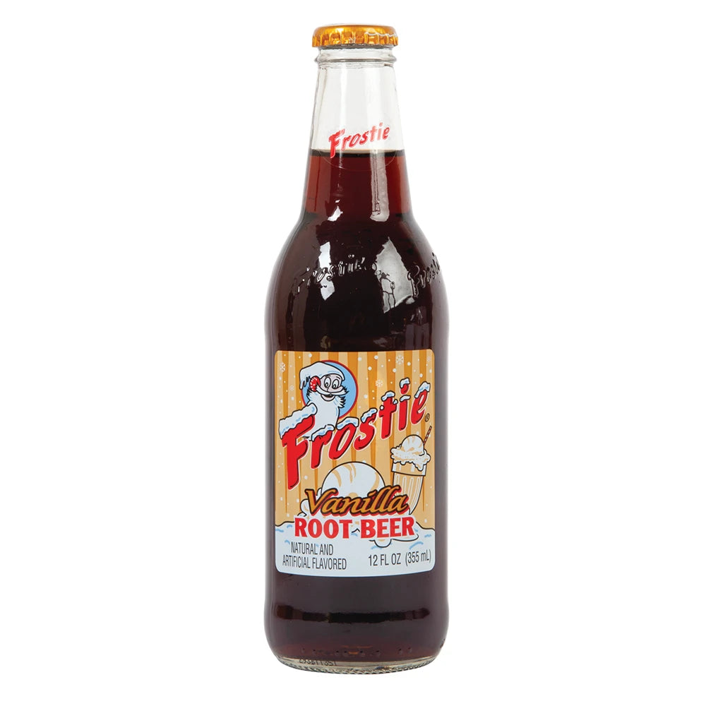 Front of Frostie Vanilla Root Beer Soda bottle showing the brand logo, vanilla root beer label, and details (355ml)