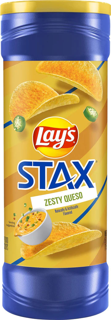 Front of Lay's Stax Zesty Queso can showing the logo, zesty queso flavour label, and crunchy snack image (156g pack)