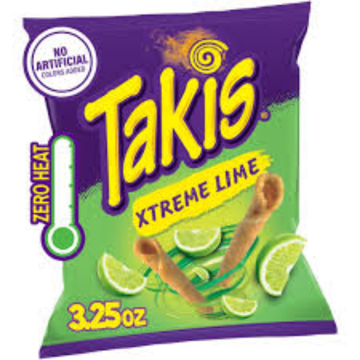 Front of Takis Fuego Xtreme Lime bag showing vibrant lime flavour label, crunchy rolls, and pack size (92g)