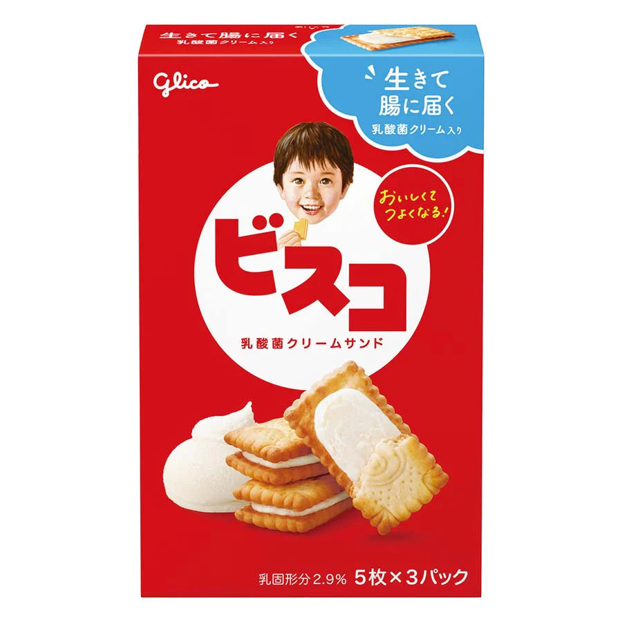 Front of Glico Original Cream Biscuits box showing red packaging, logo, biscuits, and creamy filling (81g pack)