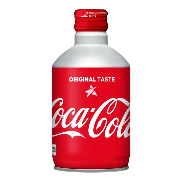 Front of Coca Cola Metal Bottle (Japan) showing original taste logo and vibrant red design (300ml)