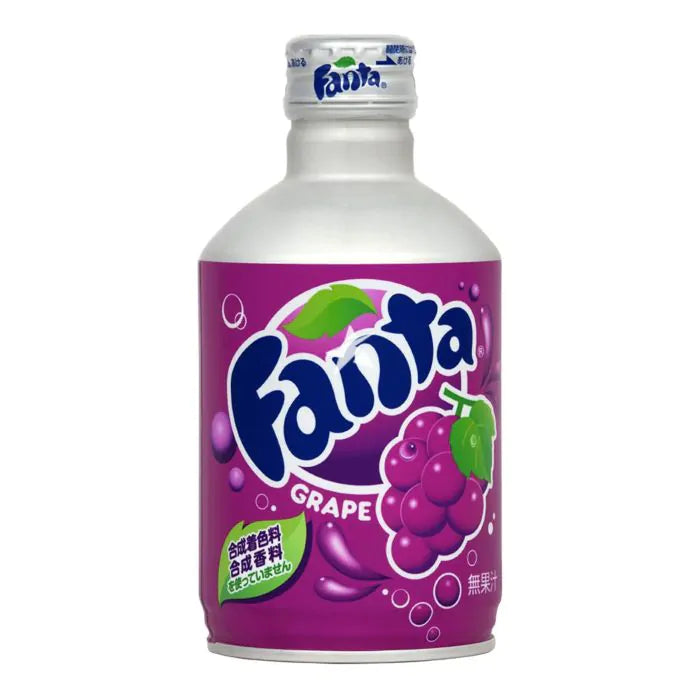 Front of Fanta Grape (Japan) bottle showing bold blue logo, grape flavour label, and 300ml pack size
