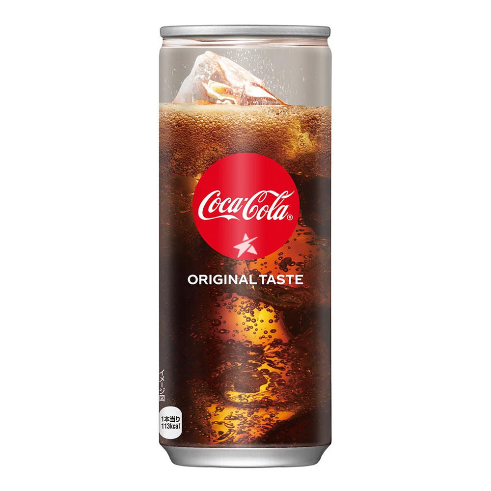 Front of Coca Cola Original Taste (Japan) can showing red logo, carbonation and bubbles, 250ml pack size
