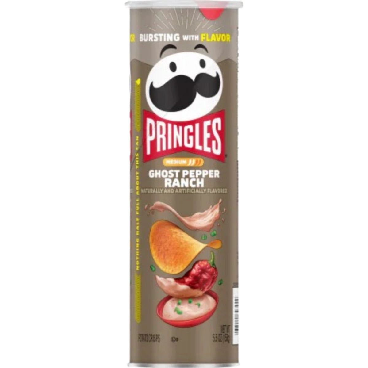 Front of Pringles Ghost Pepper Ranch tube showing bold logo, ghost pepper and ranch flavour illustration, and pack size (156g)