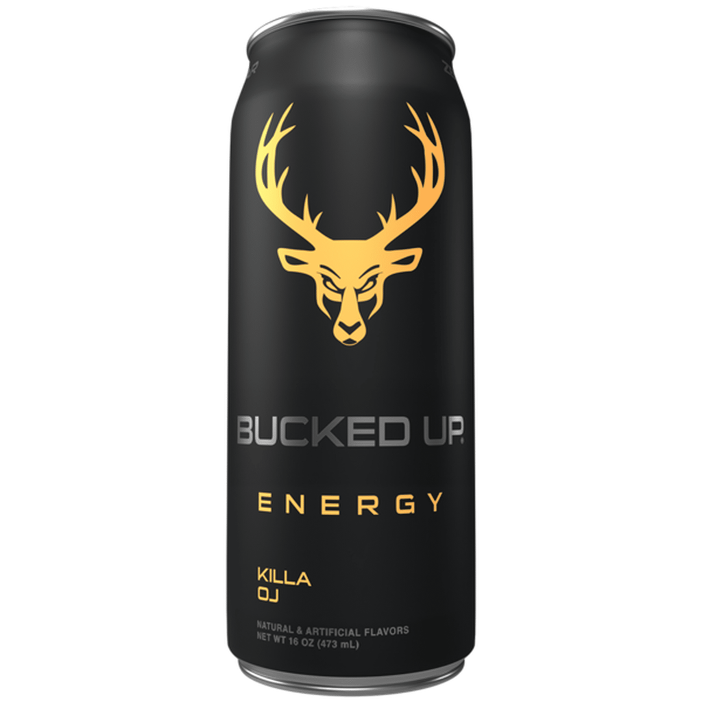 Front of Bucked Up Energy Killa OJ can featuring logo, bold black and gold design, with orange juice flavour (473ml)
