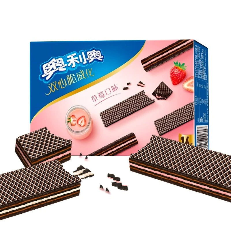 Front of Oreo Double Crunchy Wafer Strawberry package showing the logo, strawberry flavour, and images of crunchy wafers (72g pack)