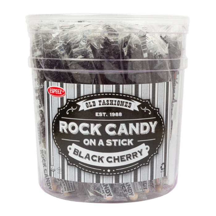 Front of Espeez Rock Candy on a Stick Black Cherry tub showing black cherry flavour and old-fashioned logo (23g)