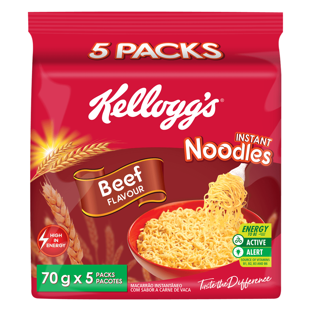 Front of a Kellogg's Beef Instant Noodles pack showing the logo, beef flavour label, and serving suggestion of noodles (70g x 5 pack)