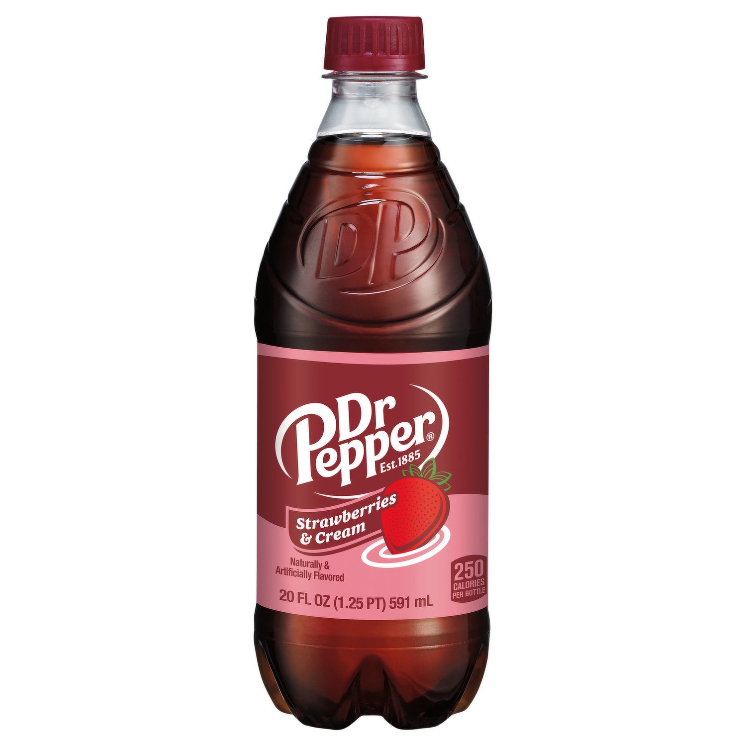 Front of Dr Pepper Strawberries & Cream bottle featuring the logo, strawberry and cream illustration, and 591ml capacity.