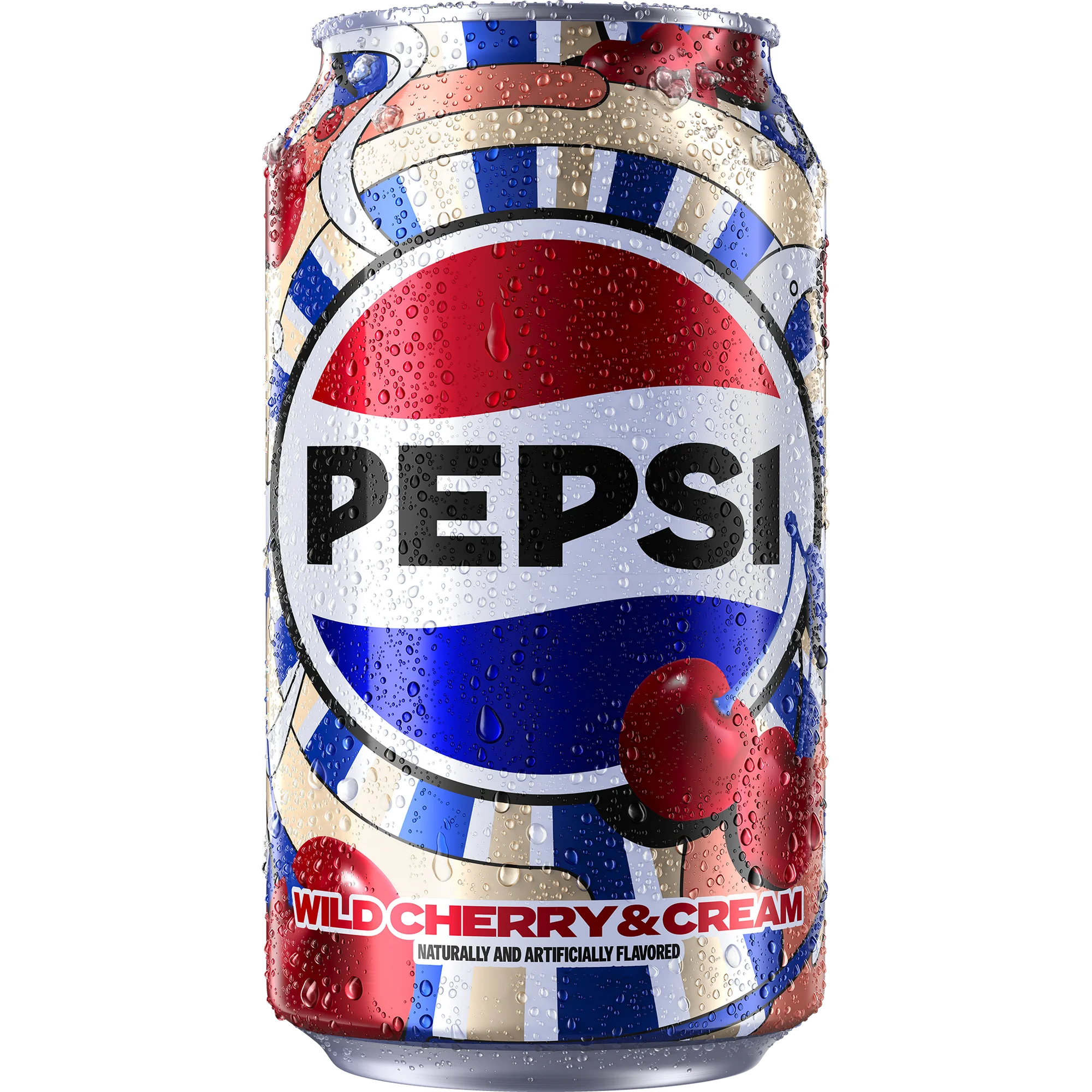 Front of Pepsi Wild Cherry & Cream can featuring the logo, vibrant red and blue design, and detailed flavour description (355ml)