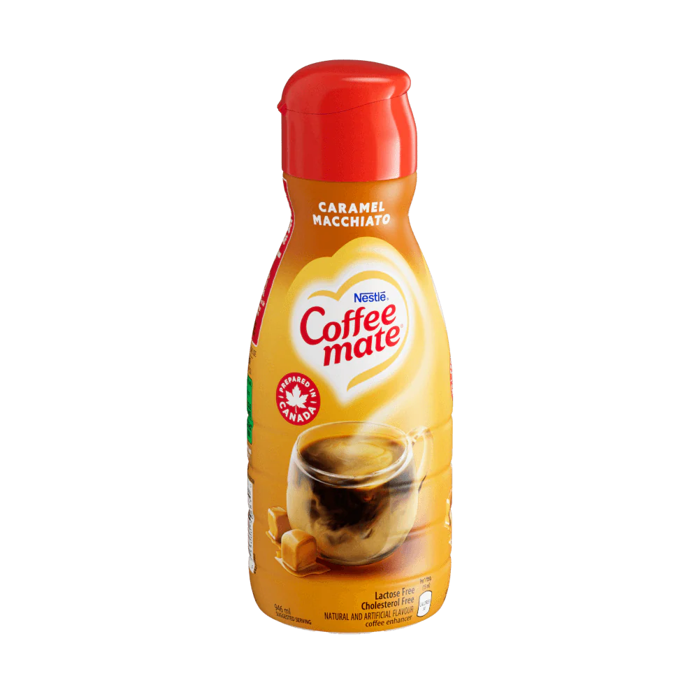 Front of Coffee Mate Caramel Macchiato bottle featuring creamy caramel flavour, 946ml size and logo