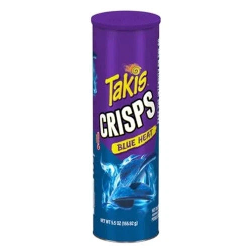 Front of a Takis Blue Heat Crisps canister showing vivid blue and purple design with the product name and pack size (156g)