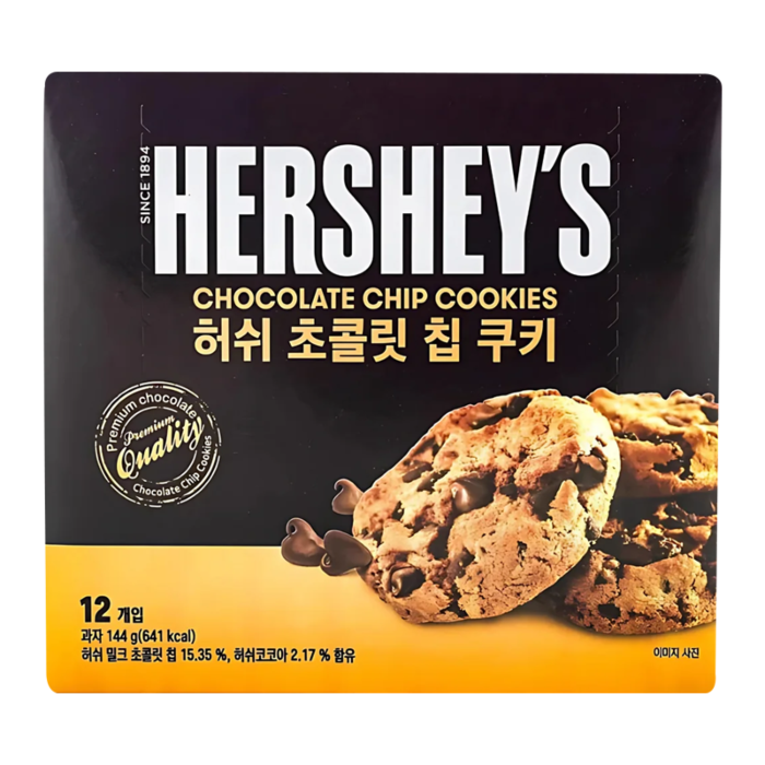 Front of Hershey's Chocolate Chip Cookies pack showing logo, cookie image, and details (12 pack, 144g)