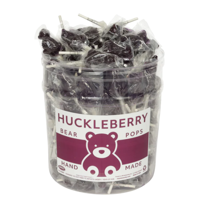Front of a jar of Espeez Huckleberry Bear Pops showing a bear logo and huckleberry flavour label (21g)