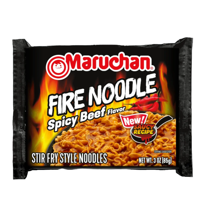 Front of Maruchan Fire Spicy Beef Flavour Ramen Noodles package showing bold logo, fiery graphics, and stir fry noodles (85g pack)