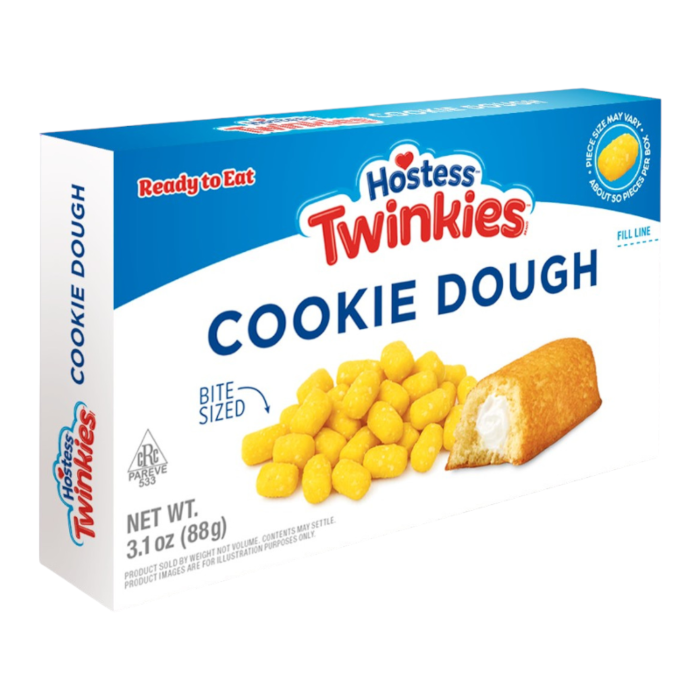 Front of Hostess Twinkies Cookie Dough Theatre Box showing vibrant packaging with cookie dough pieces and Twinkie, 88g pack size