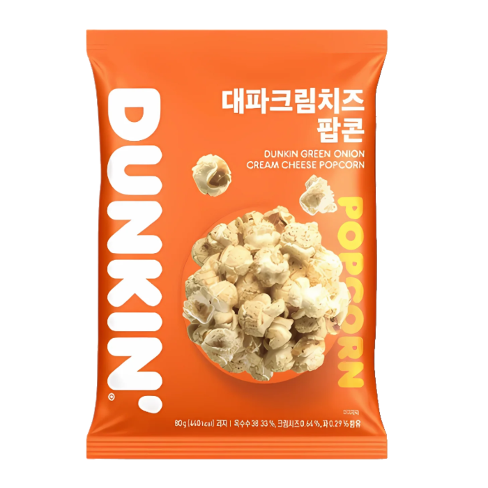 Front of Dunkin' Green Onion Cream Cheese Popcorn bag featuring a vibrant orange background with popcorn visuals and the product title (80g)