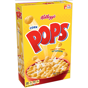 Front of Kellogg's Corn Pops box showcasing bright yellow design, bold red logo, and crispy corn snacks in a bowl (27g pack)