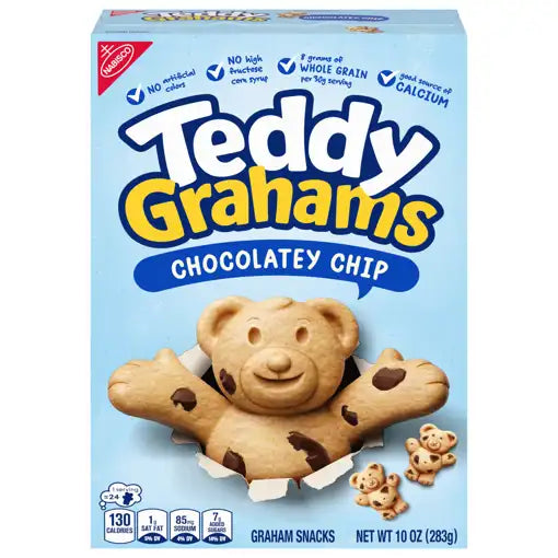 Box of Teddy Grahams Chocolatey Chip graham snacks with a bear design on a light blue background.