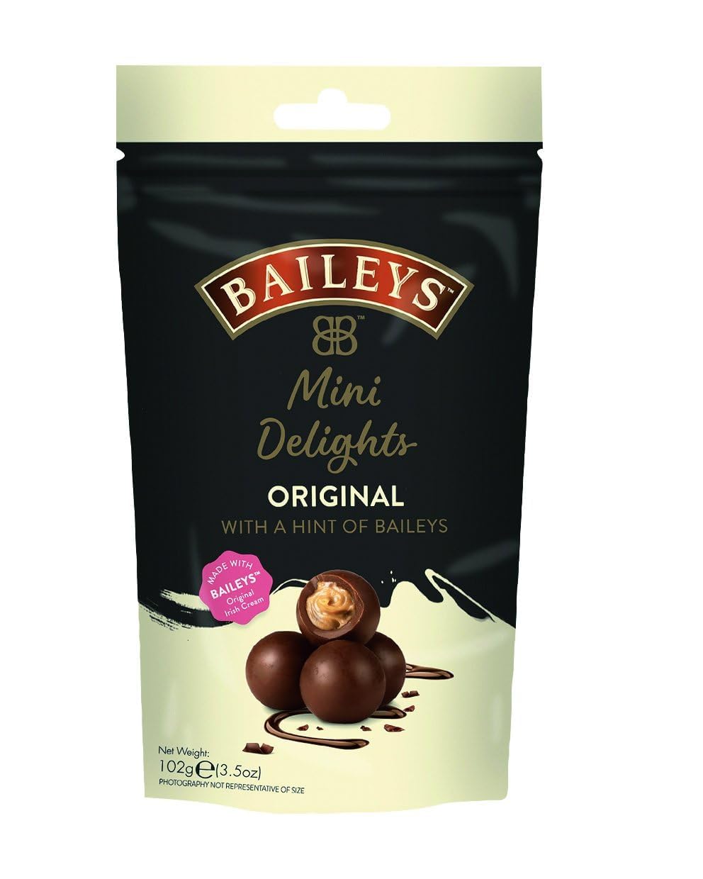 Front of Bailey's Mini Delights pack featuring the logo, original flavour, and three chocolate-covered treats on a black background (102g pack)