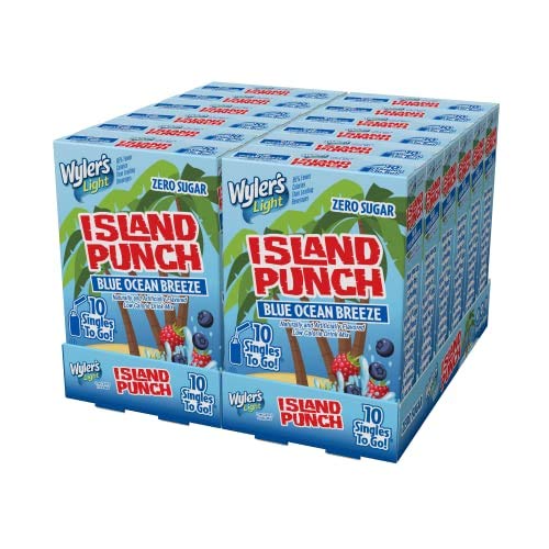 Front of Wyler's Island Punch Blue Ocean Breeze Singles To Go box showing vibrant logo, bright colours, and fruit imagery (12 Pack)