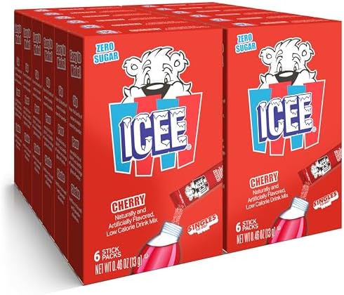 Front of Icee Cherry Singles to Go packaging showing the red design and cherry flavour label, featuring a 12 pack of drink mix sticks.