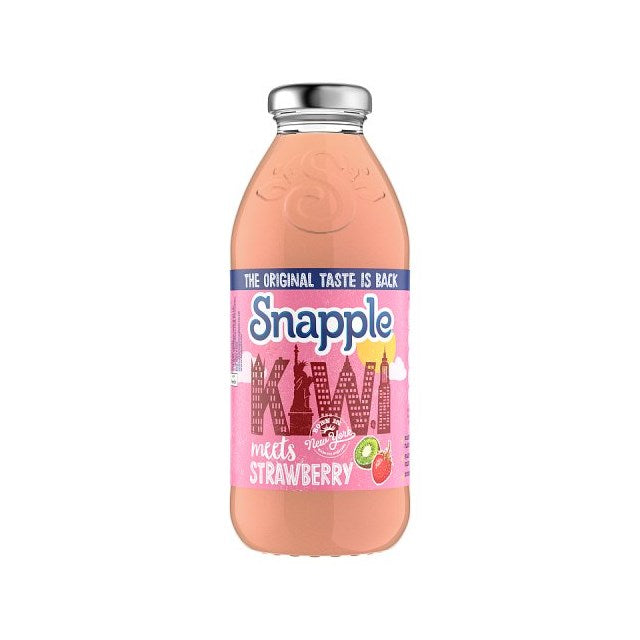 Front of Snapple Kiwi & Strawberry bottle showing brand logo, kiwi and strawberry design, and 473ml size label