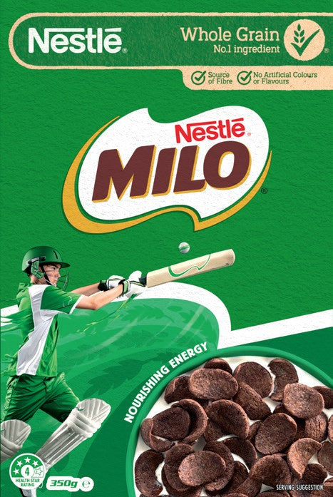 Front of Nestle Milo Cereal box featuring the logo, whole grain label, and imagery of cereal pieces, with a cricket player (350g pack)