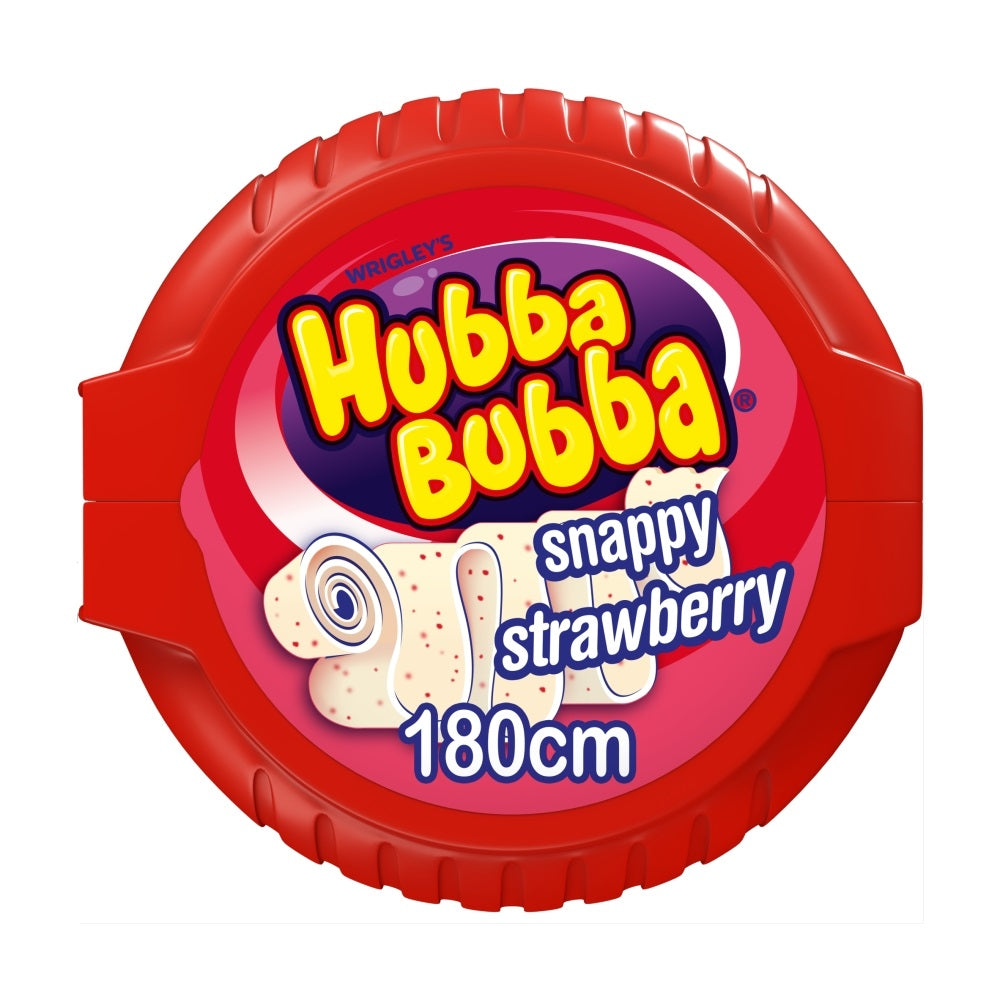 Front of Hubba Bubba Mega Long Snappy Strawberry Bubble Gum packaging featuring the brand logo, snappy strawberry flavour, and 56g size label.
