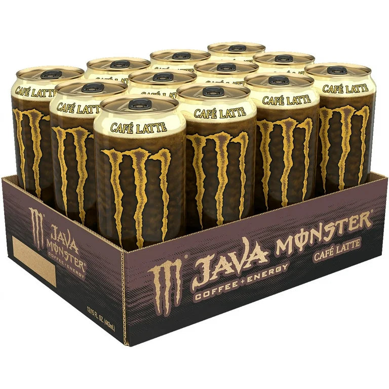 Front of Monster Java Café Latte 443ml can showing the logo and creamy latte flavour, presented in a 12 pack.