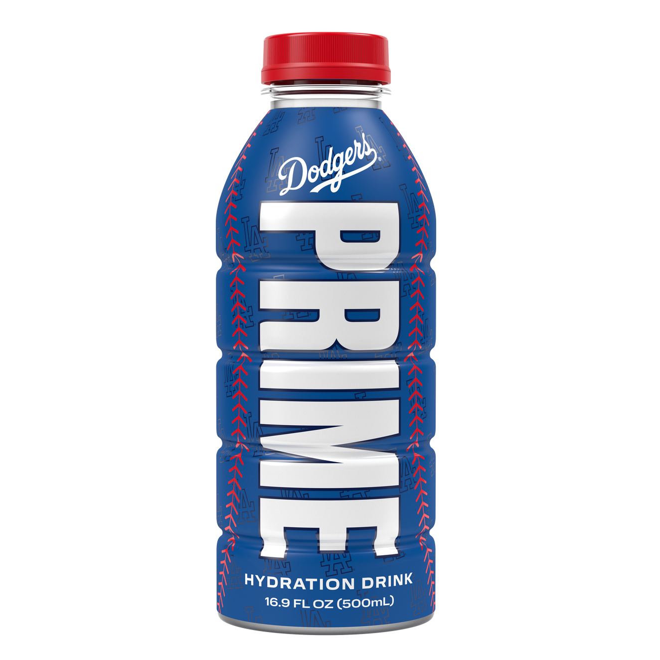 Front of Prime Hydration LA Dodgers V2 bottle showing bold blue colour, hydration drink label, and 500ml pack size.