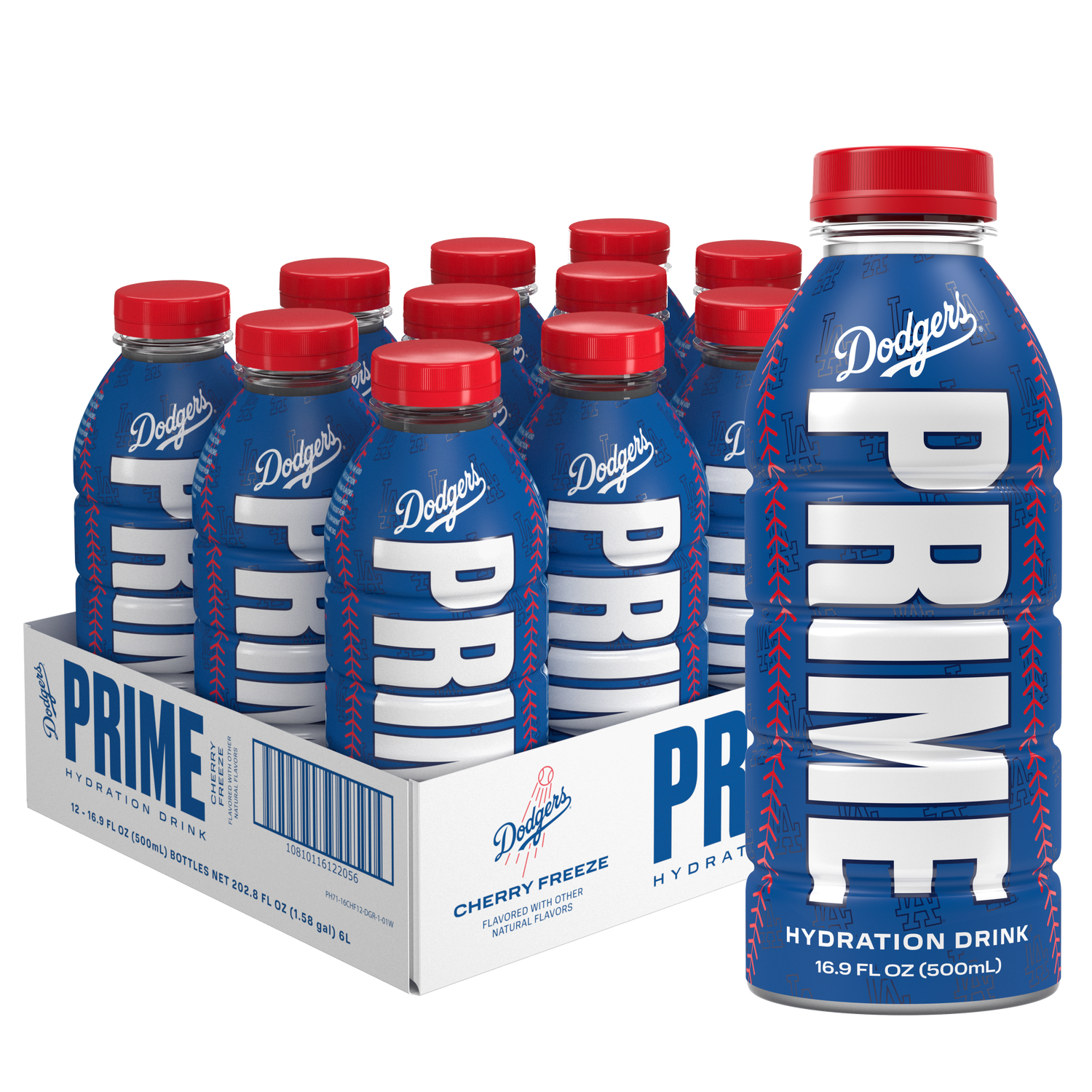 Front of Prime Hydration LA Dodgers V2 Cherry Freeze 500ml bottle with blue Dodgers branding and hydration drink details (12 pack)