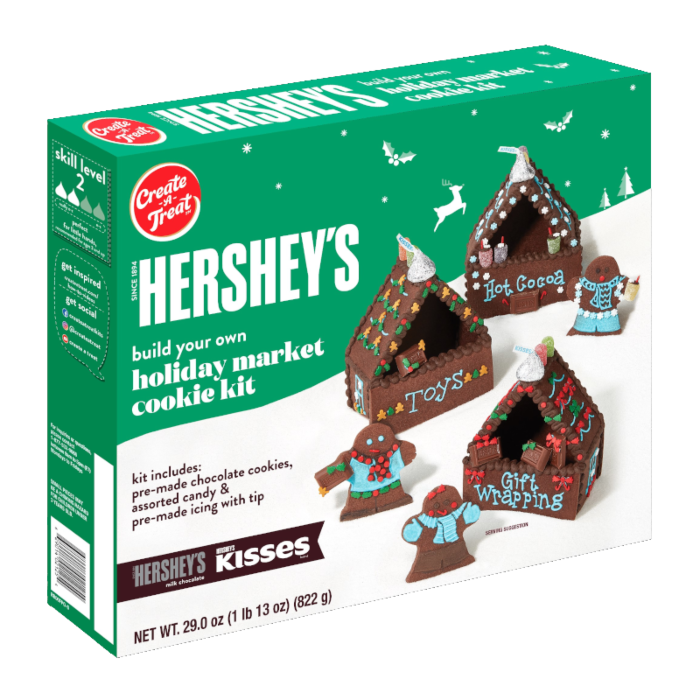 Front of Hershey's Build Your Own Chocolate Christmas Market Cookie Kit box showing festive cookies, assorted candies, and kit details (822g)
