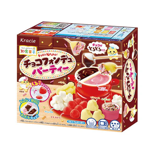 Front of Kracie Chocolate Fondue Party DIY Candy Kit showing vibrant packaging, chocolate fondue set image, and assorted candy pieces (31g)