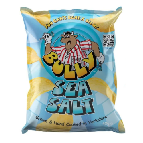 Front label of Bully Crisps Sea Salt (40g), displaying flavour and branding.