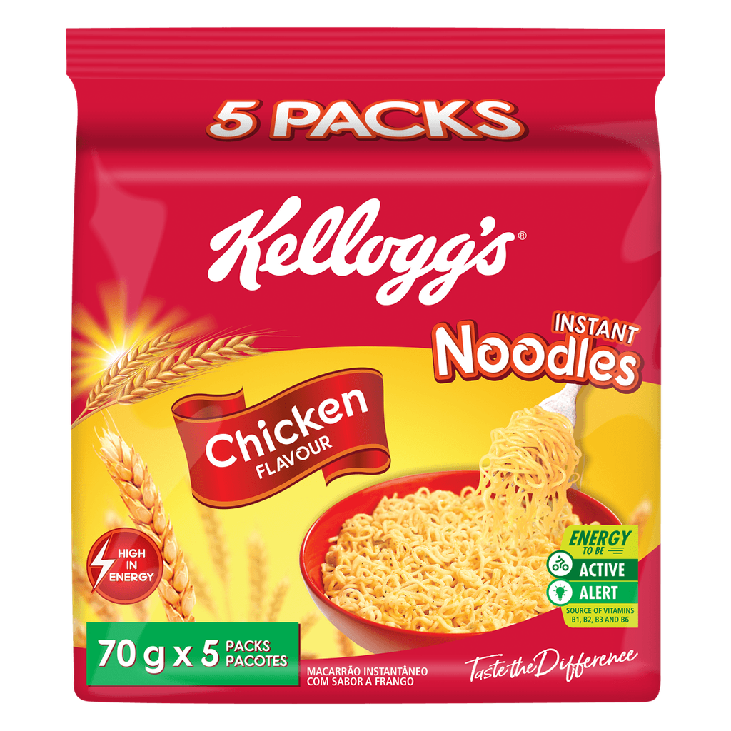 Front of Kellogg's Chicken Instant Noodles package showcasing red and yellow packaging with logo, chicken flavour label, and image of noodles in a bowl (70g, 5 Pack)