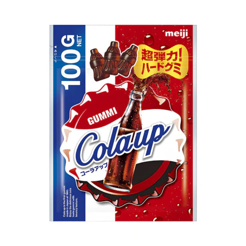 Front of Meiji Cola Up Gummies bag showing blue and white logo, cola-flavoured gummy candies, and 100g net weight label.