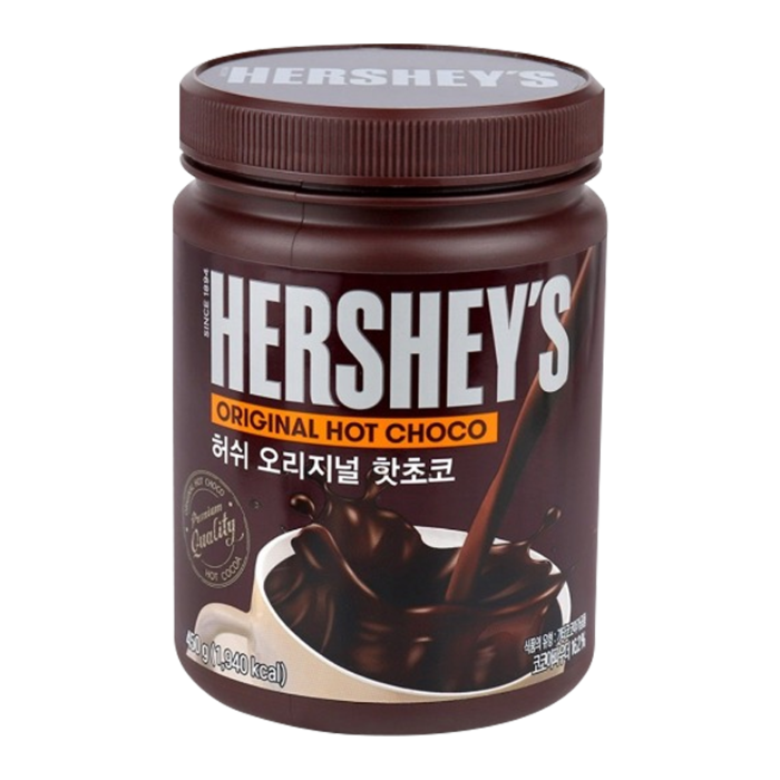 Front of Hershey's Powdered Hot Chocolate Tub showing brand logo, product name, and 450g pack size with a rich chocolate drink visual.