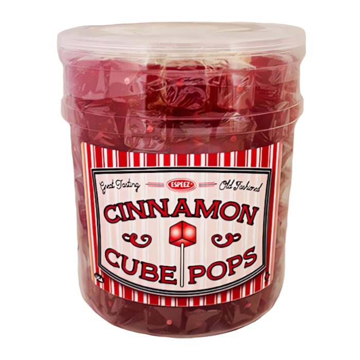 Front of Espeez Cinnamon Cube Pops container showing the logo, cinnamon flavour, and 21g pack size