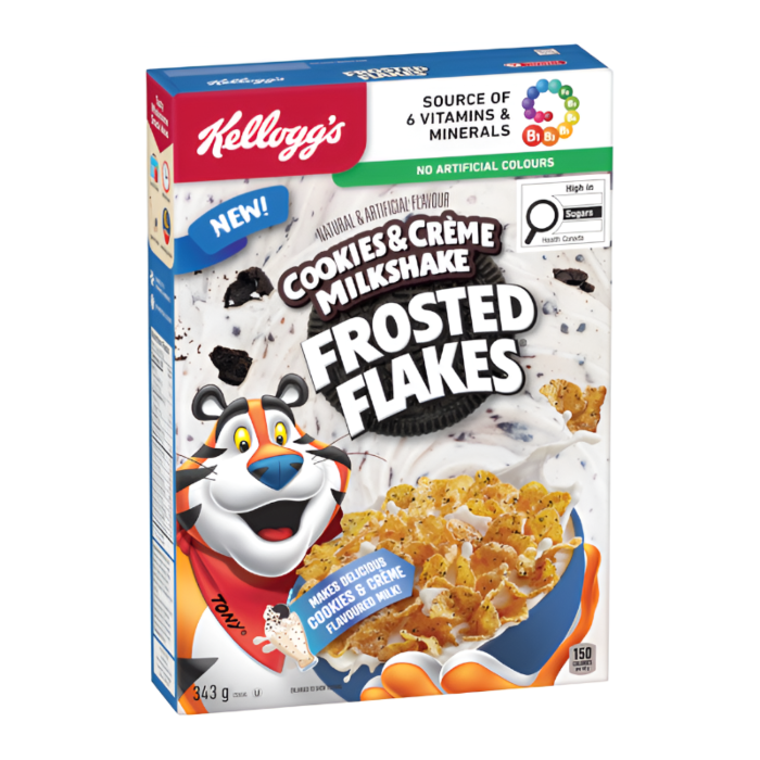Front of Kellogg's Cookies & Crème Frosted Flakes box featuring the logo, cookies and crème flavour, and 343g pack size with an image of the cereal.