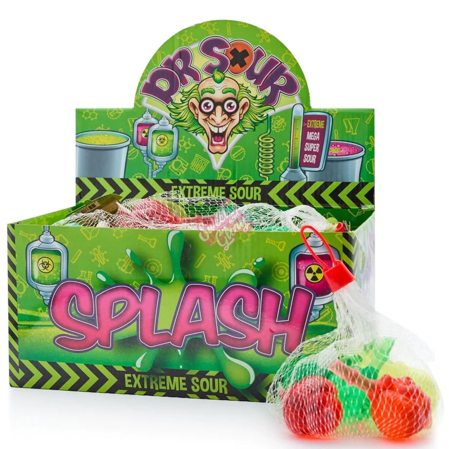 Front of Dr Sour Splash Candy display showing vibrant packaging with iconic logo, extreme sour theme, and a net of colourful candies (180g pack)