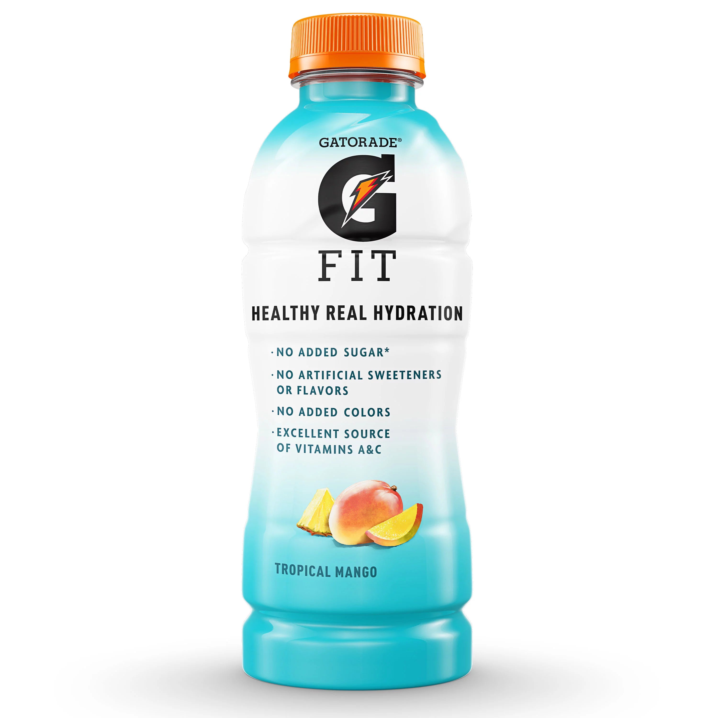 Front of Gatorade Fit Healthy Real Hydration Tropical Mango bottle showing the logo, flavour details, and pack size (500ml)