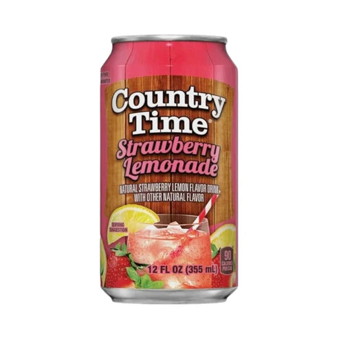 Front of a can of Country Time Strawberry Lemonade showing the logo, strawberry and lemon imagery, and 355ml volume